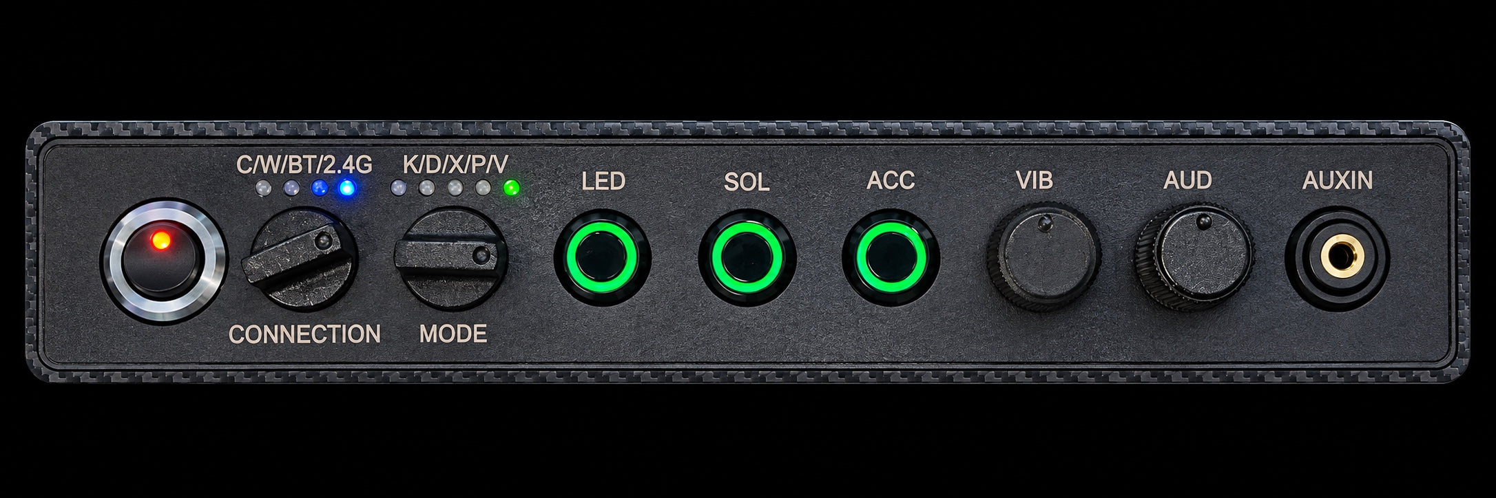 Mass-production control strip with black power button, silver bezel, mode selectors and audio controls
