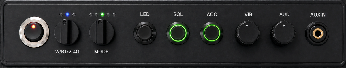 The full rear panel: power, W/BT/2.4G, MODE, LED, SOL, ACC, VIB, AUD and AUX IN