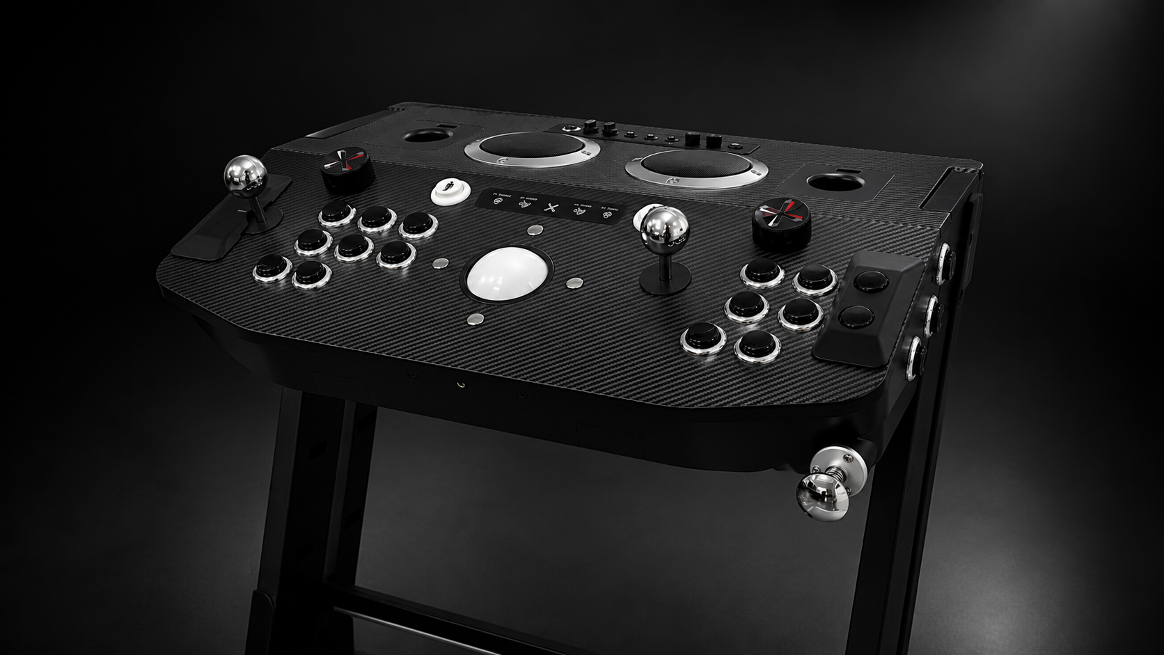 Arcade2TV-XR MAX control deck low three-quarter view showing joysticks and chrome-ringed buttons