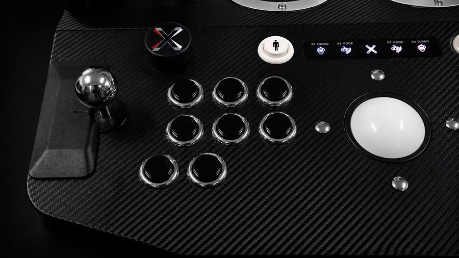 Commercial-grade ball-top joystick and chrome-ringed arcade buttons on the Arcade2TV-XR MAX