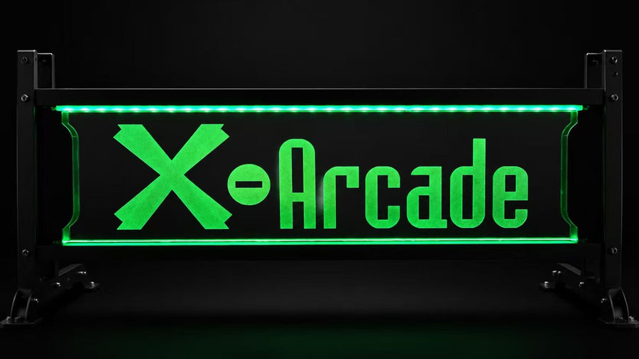 RGB light-up X-Arcade marquee panel on the Arcade2TV-XR MAX pedestal