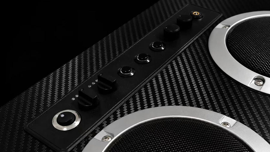 Arcade2TV-XR MAX rear panel with physical mode switches, ports and chrome speaker ring