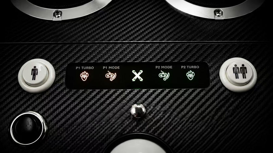 Arcade-grade white trackball, mode panel and chrome-ringed buttons on the Arcade2TV-XR MAX