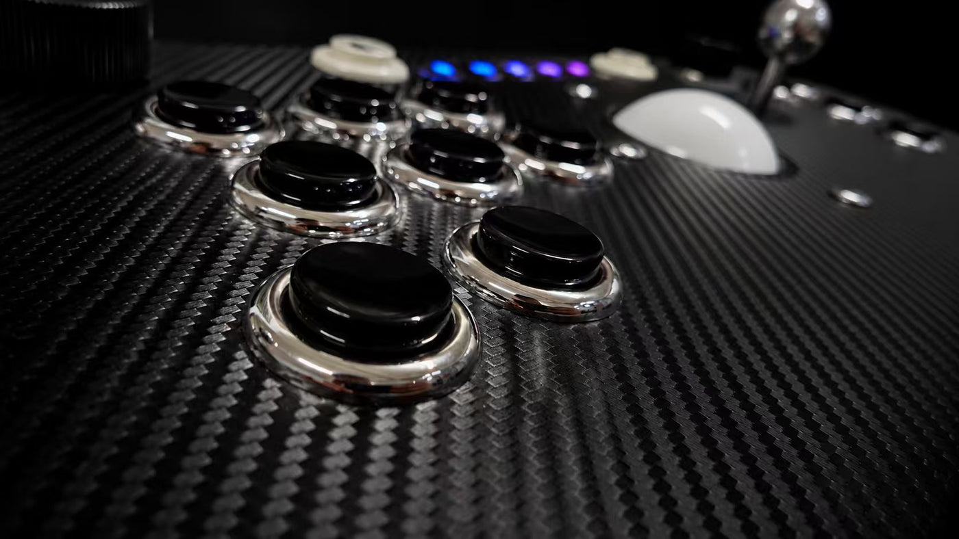 All-black finish with chrome-plated button bezels