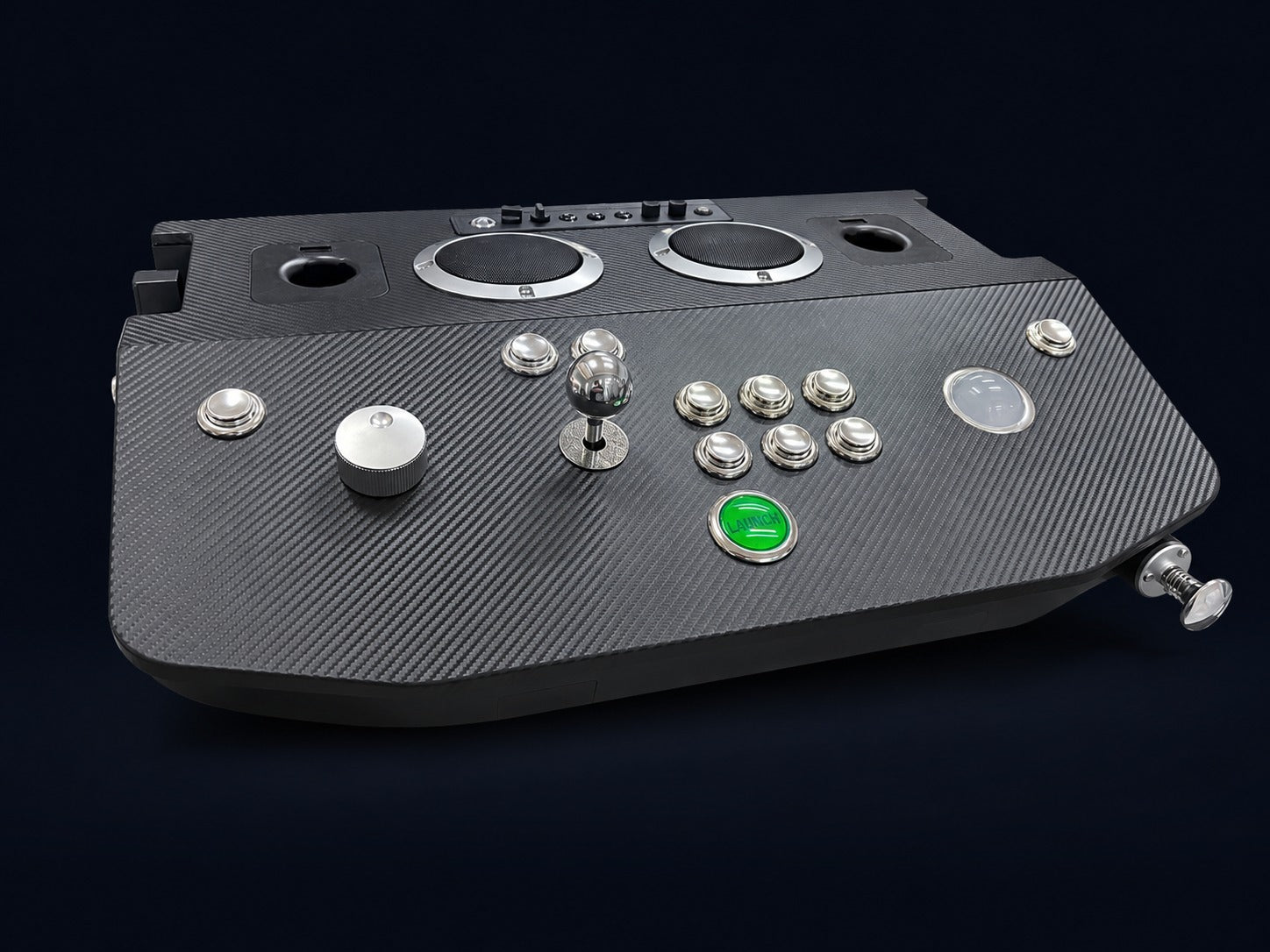 The actual Arcade2TV™ Pinball FX™ Edition controller: stereo speakers at the back and chrome controls on the black patterned deck